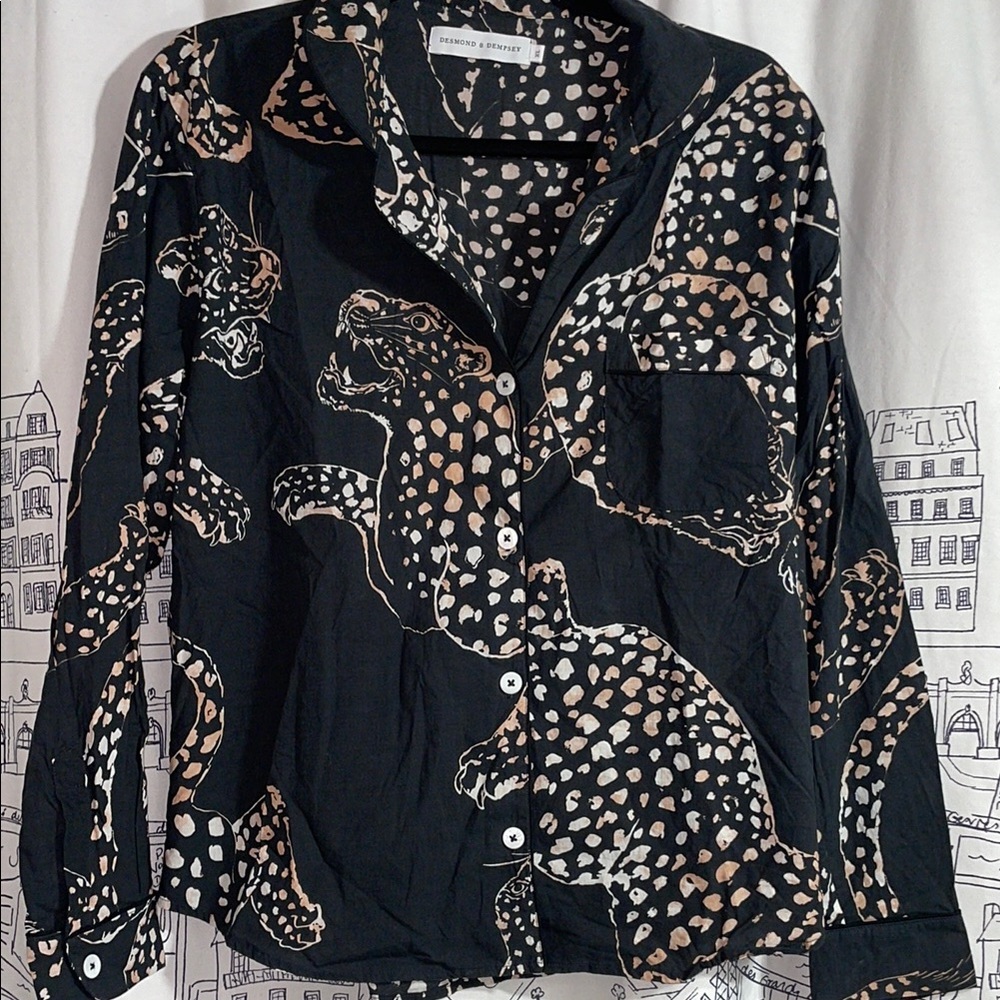 Desmond and Dempsey navy and Tan Leopard Print PJ set